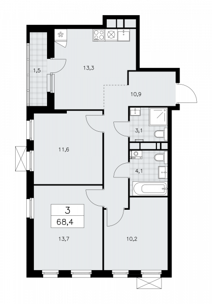 3 комнаты до 68.4