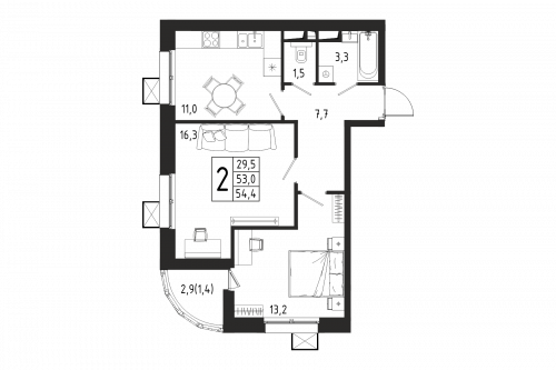 2-комнатная, квартира, 54.4 м²