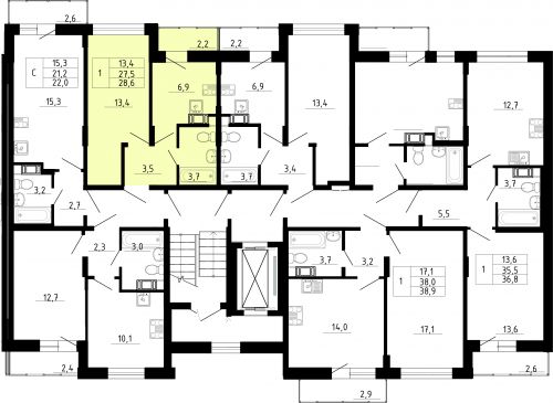 1-комнатная, квартира, 27.5 м²