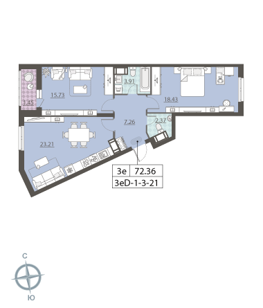 2-комнатная, квартира, 72.3 м²