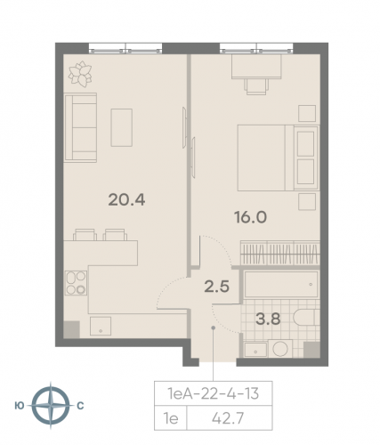 1-комнатная, квартира, 42.7 м²
