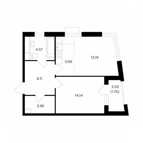 2-комнатная, квартира, 51.38 м²