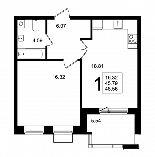 1-комнатная, квартира, 48.56 м²