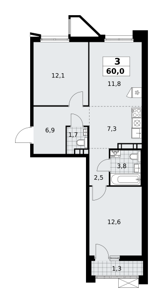 3-комнатная квартира №58К-7.1.2-298, 60,0 м² за 18,03 млн руб. в ЖК «Прокшино» - планировка