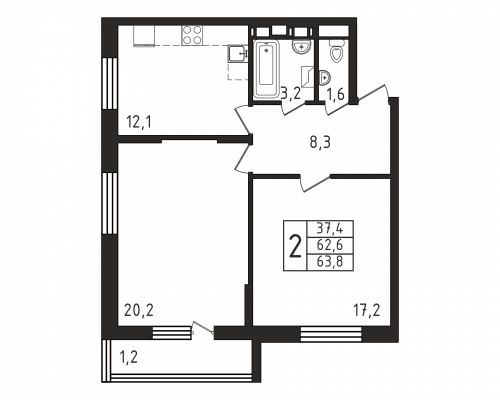 2-комнатная, квартира, 63.8 м²