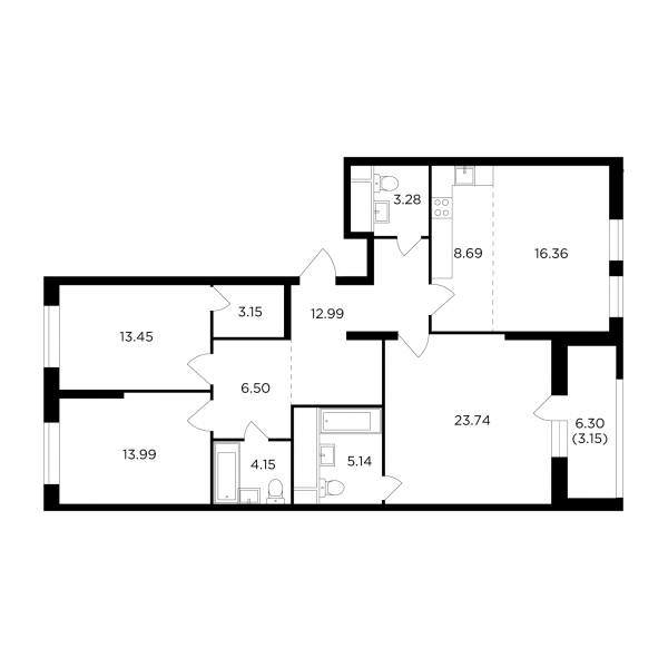 4-комнатная квартира №631, 114,6 м² за 36,85 млн руб. в ЖК «КутузовGRAD II» - планировка