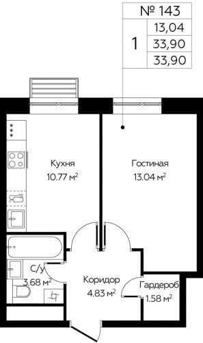 1-комнатная, 33.9 м²