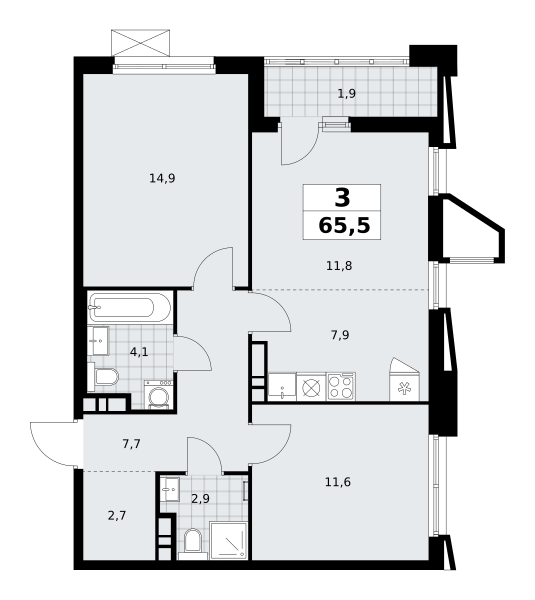 3-комнатная квартира №58К-7.1.1-93, 65,5 м² за 17,38 млн руб. в ЖК «Прокшино» - планировка