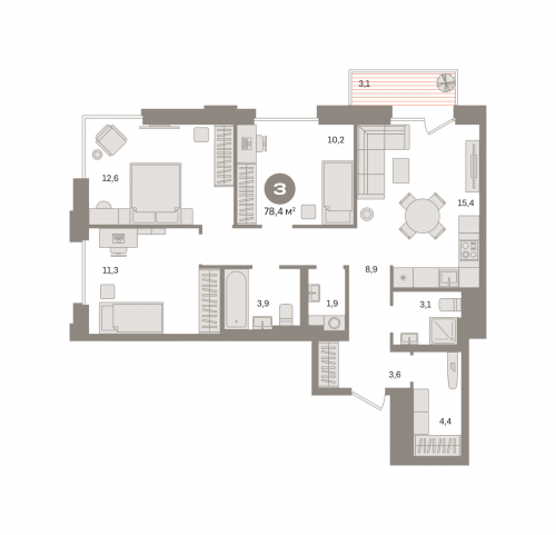 3-комнатная, квартира, 78.36 м²