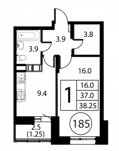 1-комнатная, квартира, 38.25 м²