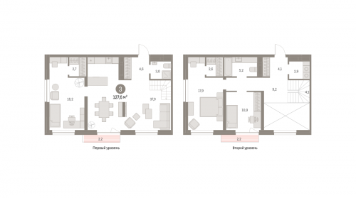 3-комнатная, 127.55 м²