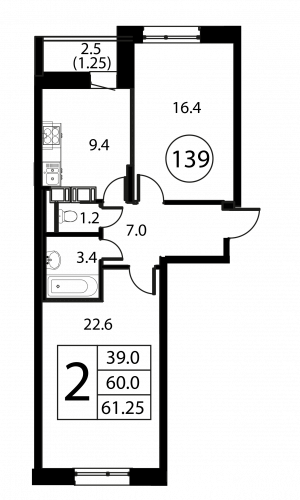 2-комнатная, квартира, 61.25 м²