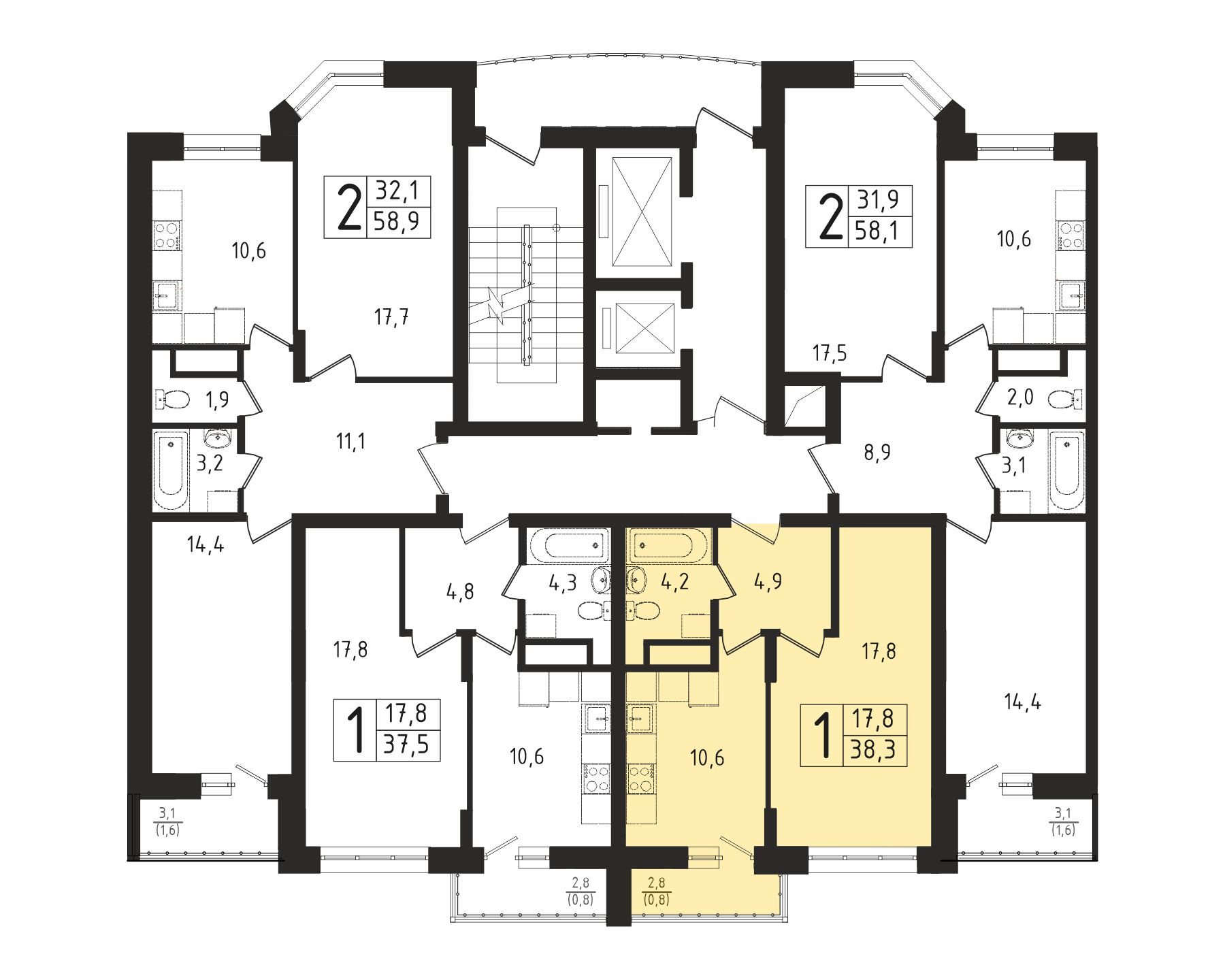 1-комнатная квартира №459, 37,5 м² за 4,26 млн руб. в ЖК «Восточный» - планировка