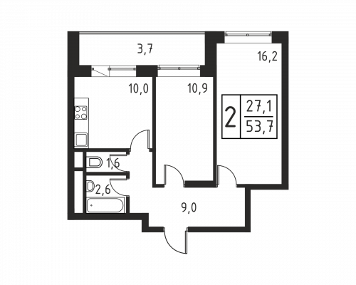2-комнатная, квартира, 50.5 м²