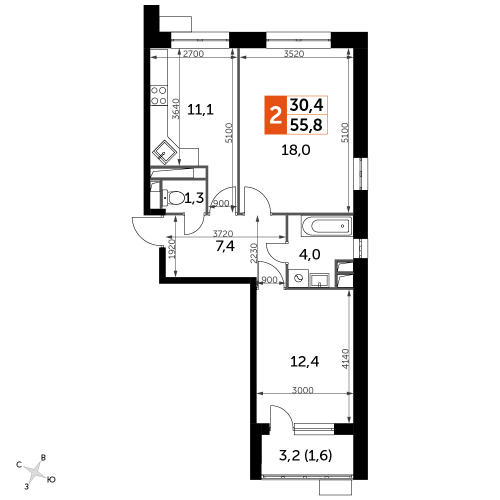 2-комнатная, 55.8 м²