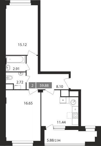 2-комнатная, квартира, 59.88 м²