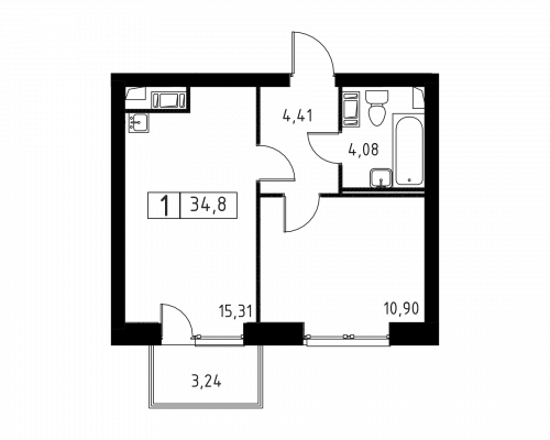 1-комнатная, квартира, 34.8 м²