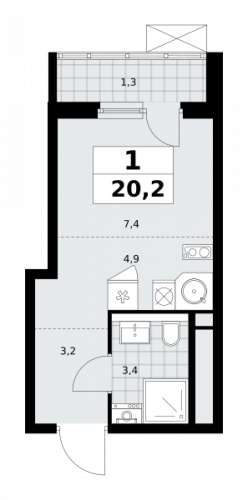 1-комнатная, 20.2 м²