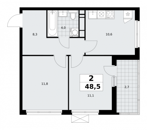 2-комнатная, 48.5 м²