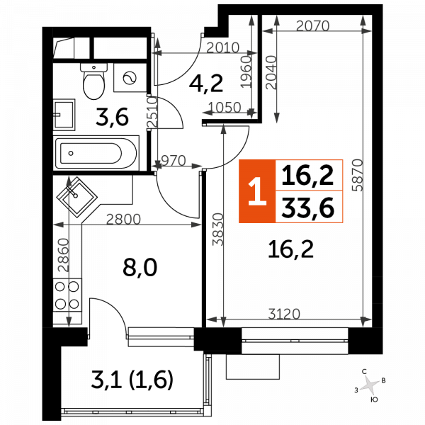 1 комната до 33.6