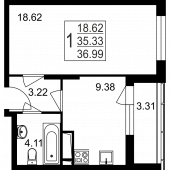 1-комнатная квартира 36,99 м²