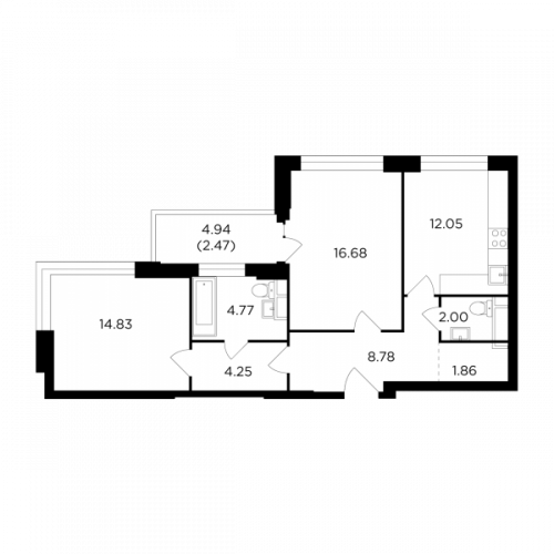 2-комнатная, 67.69 м²