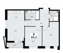 3-комнатная квартира 62,2 м²