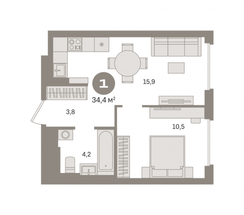 1-комнатная, квартира, 34.38 м²