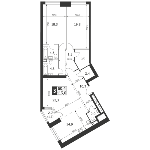 3-комнатная, квартира, 113 м²
