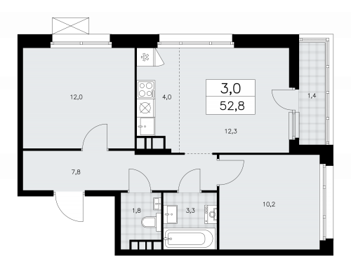 3-комнатная, 52.8 м²
