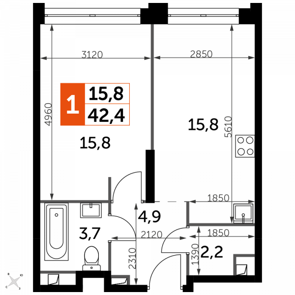 1 комната до 42.4