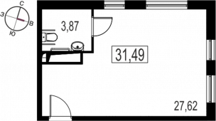 1-комнатная квартира 31,49 м²