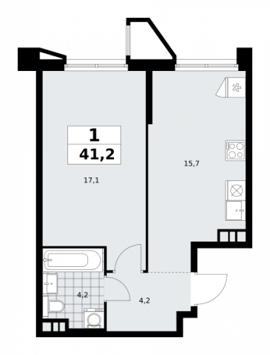 1-комнатная, 41.2 м²