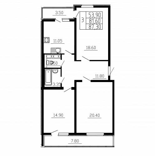 3-комнатная, квартира, 87.3 м²