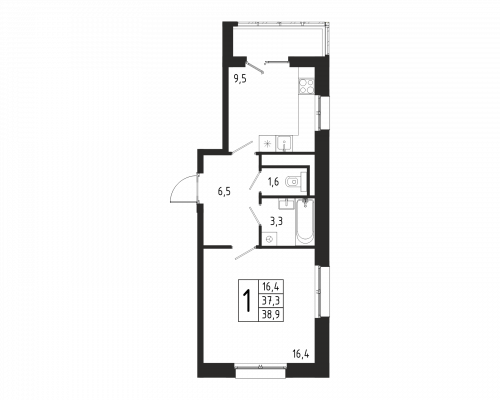 1-комнатная, квартира, 38.9 м²
