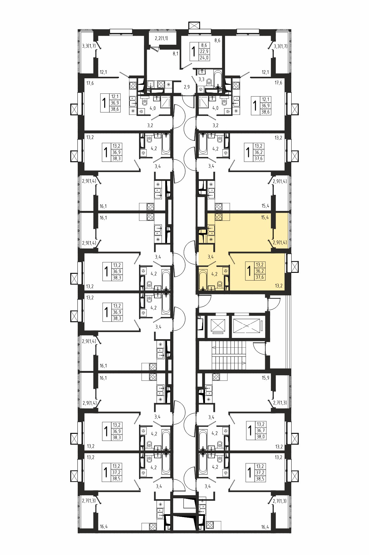 1-комнатная квартира №165, 37,6 м² за 6,37 млн руб. в ЖК «Берег» 2 очередь - планировка