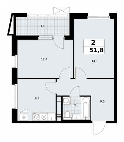 2-комнатная, 51.8 м²