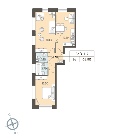 2-комнатная квартира №140784, 62,9 м² за 27,63 млн руб. в ЖК «Зиларт» - планировка