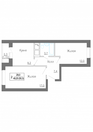 2-комнатная, квартира, 50.35 м²
