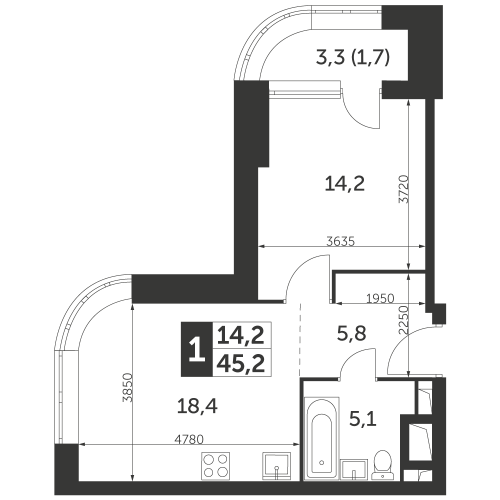 1-комнатная, квартира, 45.2 м²