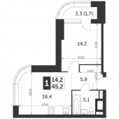 1-комнатная квартира 45,2 м²