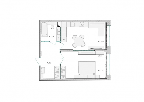 1-комнатная, квартира, 48.7 м²