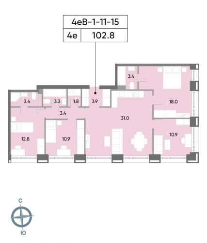 Многокомнатная, квартира, 102.8 м²