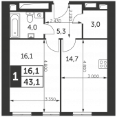 1-комнатная квартира 43,1 м²