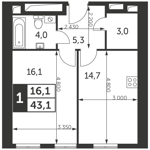 1-комнатная, квартира, 43.1 м²