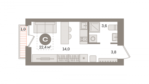 Студия, 22.43 м²