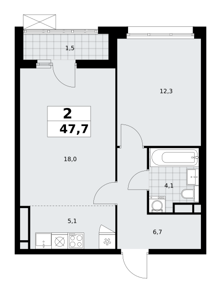 2-комнатная квартира №58К-7.1.4-662, 47,7 м² за 13,94 млн руб. в ЖК «Прокшино» - планировка