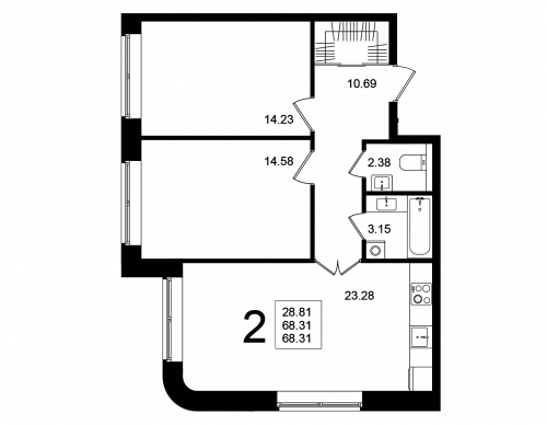2-комнатная, квартира, 68.31 м²