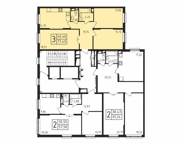 3 комнаты до 77.4