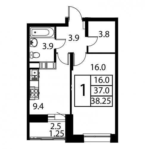 1-комнатная, квартира, 38.25 м²